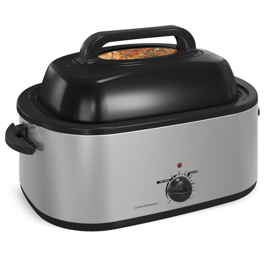 22QT Roaster Oven,3 in 1 Electric Roaster Oven with Thawing Heating Warm Function,Turkey Roaster Oven Buffet with Visual Self-Basting Lid,Removable Pan Rack,Cool-Touch Handles,Stainless Steel Silver