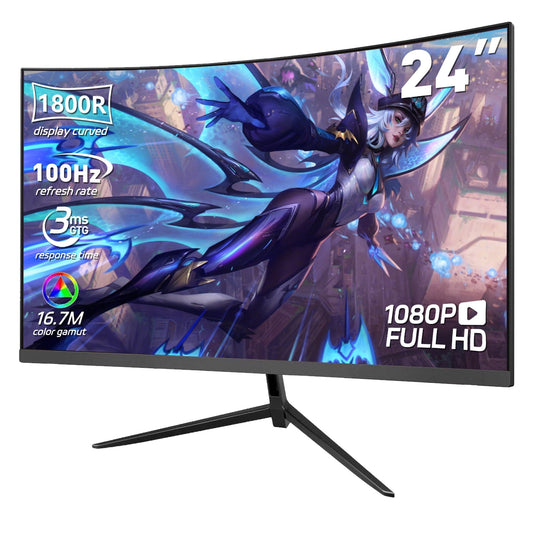 REHISK 24-Inch Curved Gaming Monitor 100Hz Full HD 1080P Built-In Speakers Tilt Adjustable