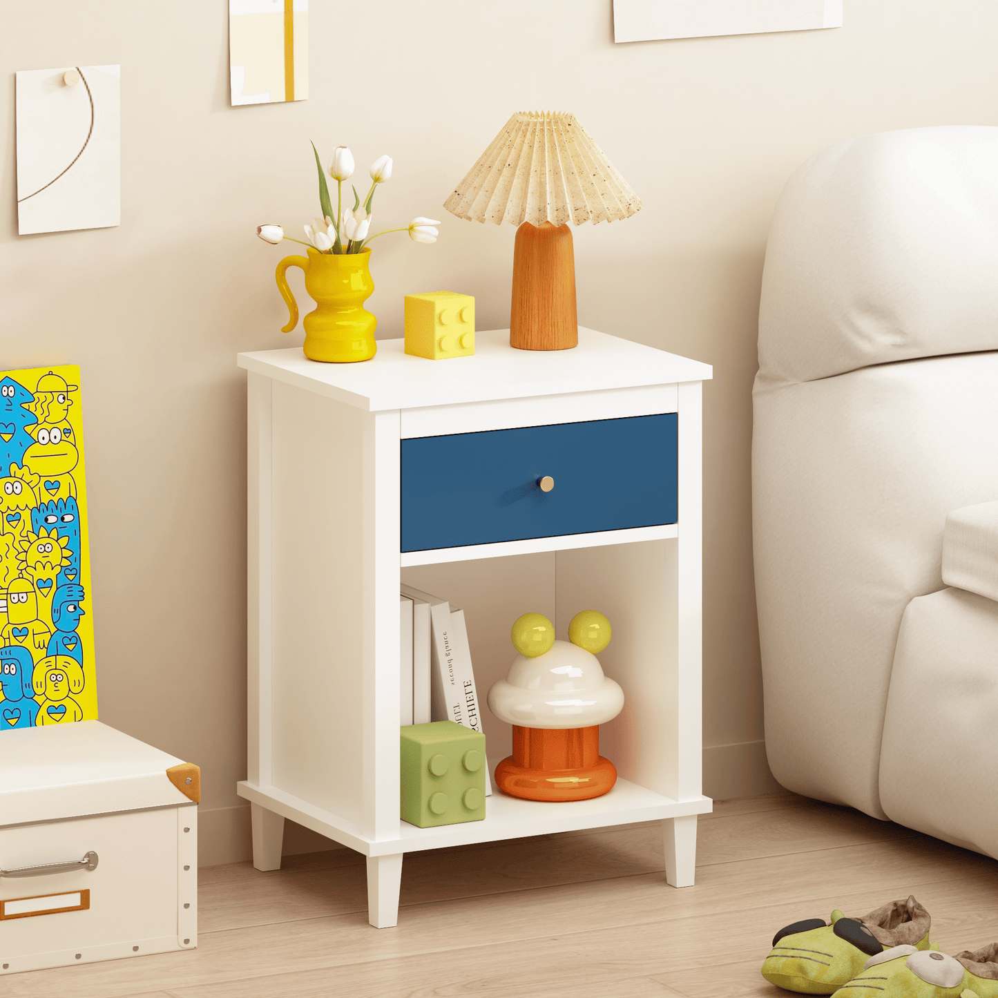 26.77 Inch Wooden Nightstand with Drawer & Open Shelf, White Navy Bedside Table with Golden Handle, MDF Storage Nightstand with Anti-Tip Kit for Bedroom