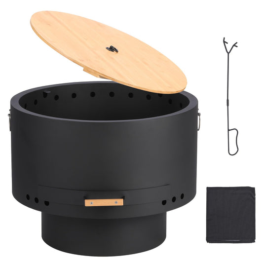 26" Smokeless Fire Pit with Removable Ash Pan,Wood Burning Firepit Table with Lid&Fire Poker,Smokeless Outdoor Fireplace with Dust Bag, Outdoor Fire Pits Portable Bonfire Firepit for BBQ,Table,Bonfire