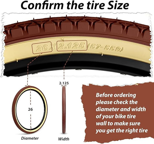 26x2.12 Cruiser Bike Tires: 2-Pack 26 Inch Folding Tires with Pair Bike Tubes & Tire Levers Replacement Set for Beach Cruiser and Urban Commuting Bicycle