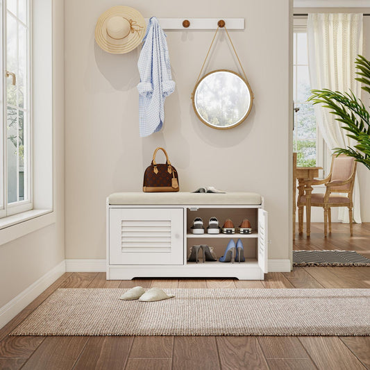 28.74 Inch Shoe Storage Bench with 2 Door Cabinet Entryway Bench with White Storage Adjustable Shelves Shoe Rack for Hallway Living Room