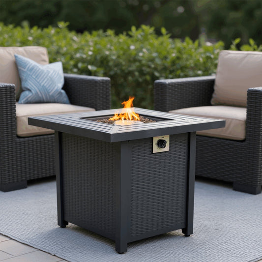 28" Fire Pit Table, Propane Fire Pit with Lid, Lava Rocks, 50000 BTU Outdoor Gas Fire Pit, Metal Square Propane Fire Pit for Outside Garden Backyard Deck Patio, Brown, LLL4008