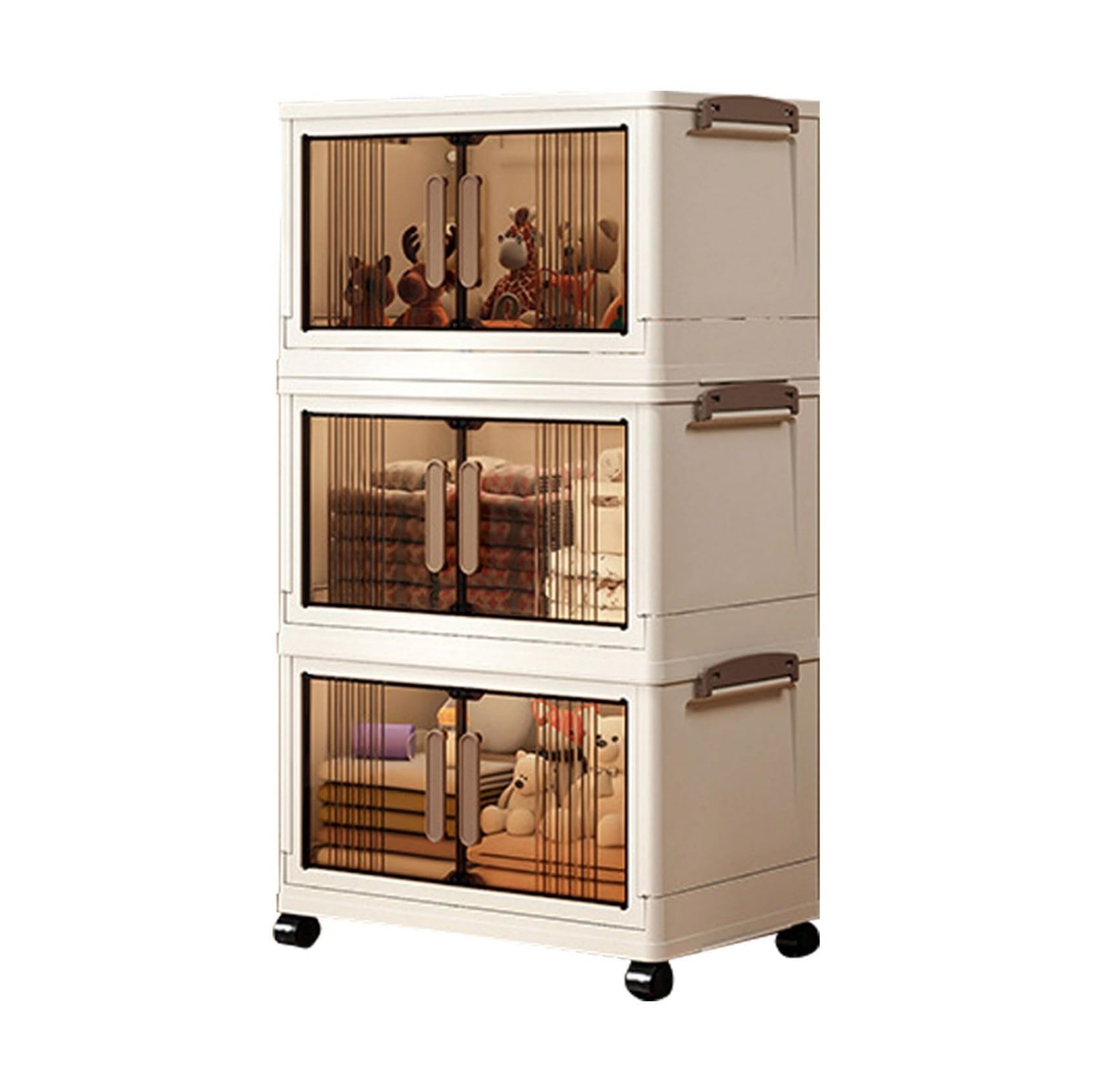 28"H Stackable Storage Cabinet with Doors & Wheels, Adjustable 3 Tier Plastic Organizer Bin for Home, Office, Garage Storage, White