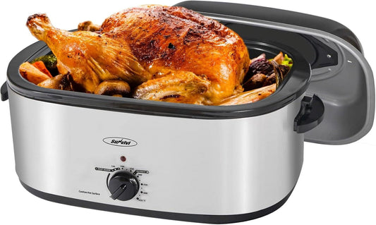 28lb 24-Quart Roaster Oven, Electric Roaster Oven with Viewing Lid, Turkey Roaster with Unique Defrost/Warm Function, Large Roaster with Removable Pan & Rack, Stainless Steel, Silver