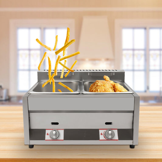 2pan Commercial Gas Fryer Countertop Deep Fryer Propane(LPG) Stainless Steel