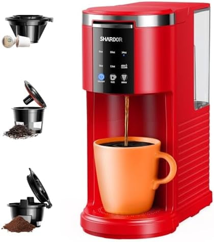 3 in 1 Coffee Maker, K Cup Coffee Maker Compatible with Ground Coffee & Teas, Single Serve Coffee Machine, 6–14oz Brew Sizes, 40oz Detachable Water Reservoir, Descale Settings, Red