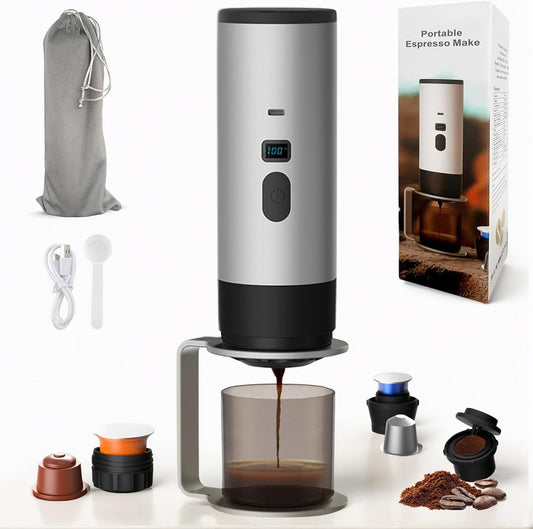 3 in 1 Portable Coffee Maker for Travel, Mini Espresso Machine On the Go, Self-Heating Compatible with Ground Coffee K Cup for Car, Hiking, Camping, Office (Silver)