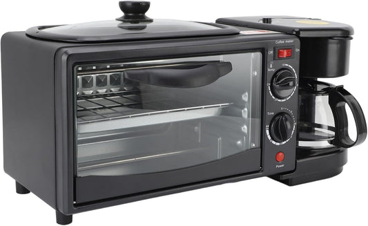 3 in 1 Toaster Oven, Breakfast Station with Coffee Maker, 4-Slice Toaster, Non-Stick Griddle, Compact Functional Cooking Machine for Apartments and Kitchenettes (US Plug 110V)