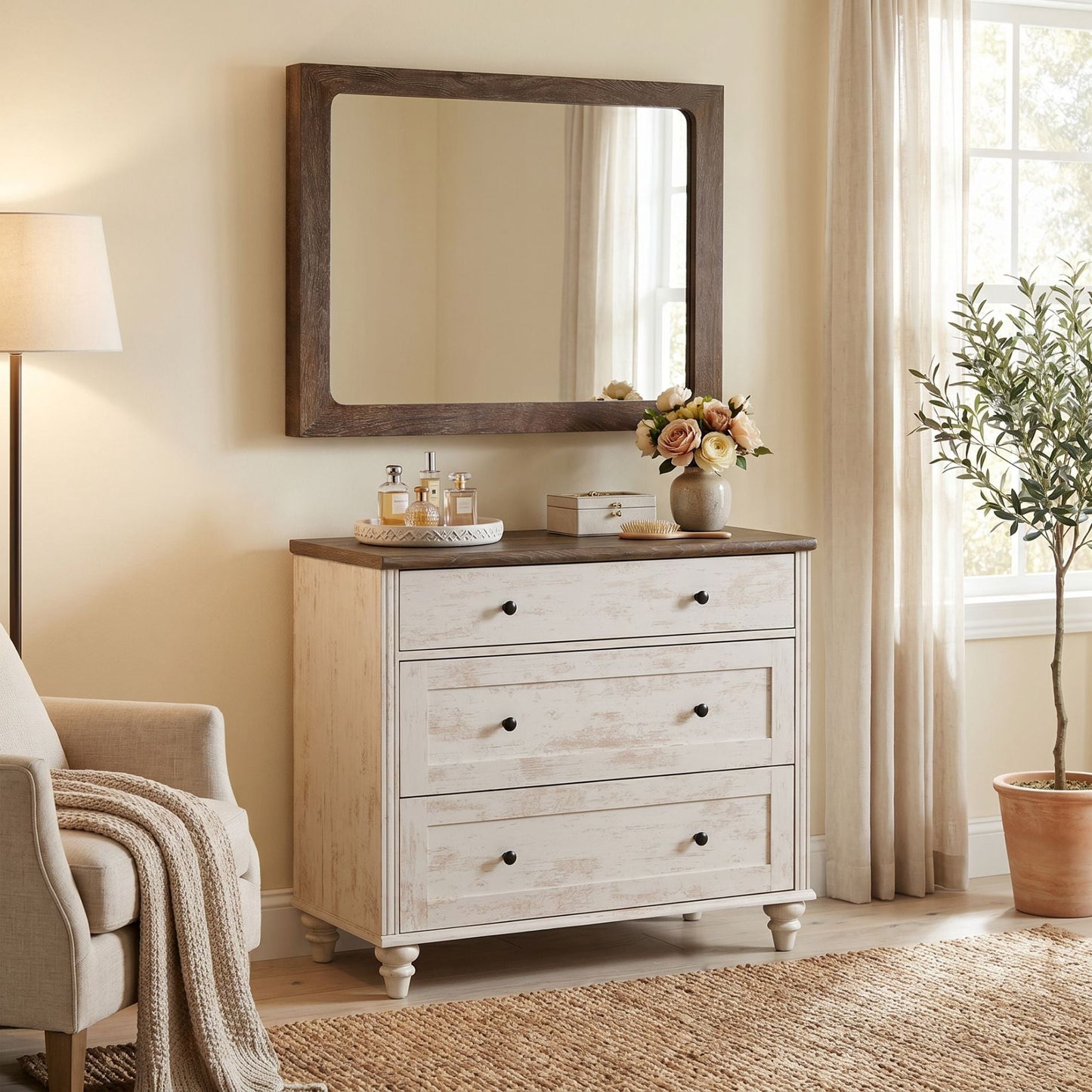 3-Drawer Rustic White Dresser, Modern Wooden Cabinet for Bedroom Nursery Hallway