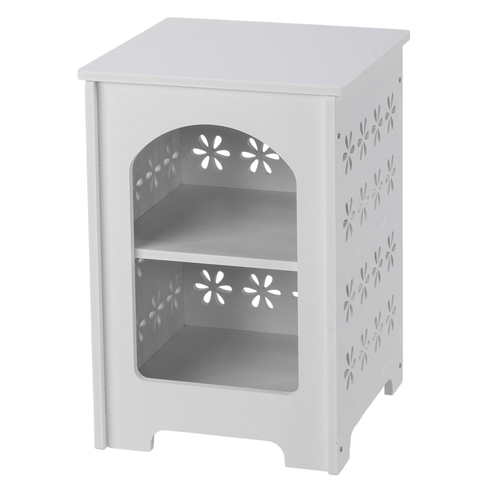 3-Tier Side Table with Storage, Nightstand End Table with Floral Design, Modern Arch Opening Bedside Table for Indoor Outdoor, White