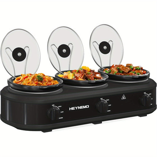 3 X 1.5QT Triple Slow Cooker with Ceramic Pot, 3 Cooking Settings, Glass Lid, Dishwasher-Safe, Black