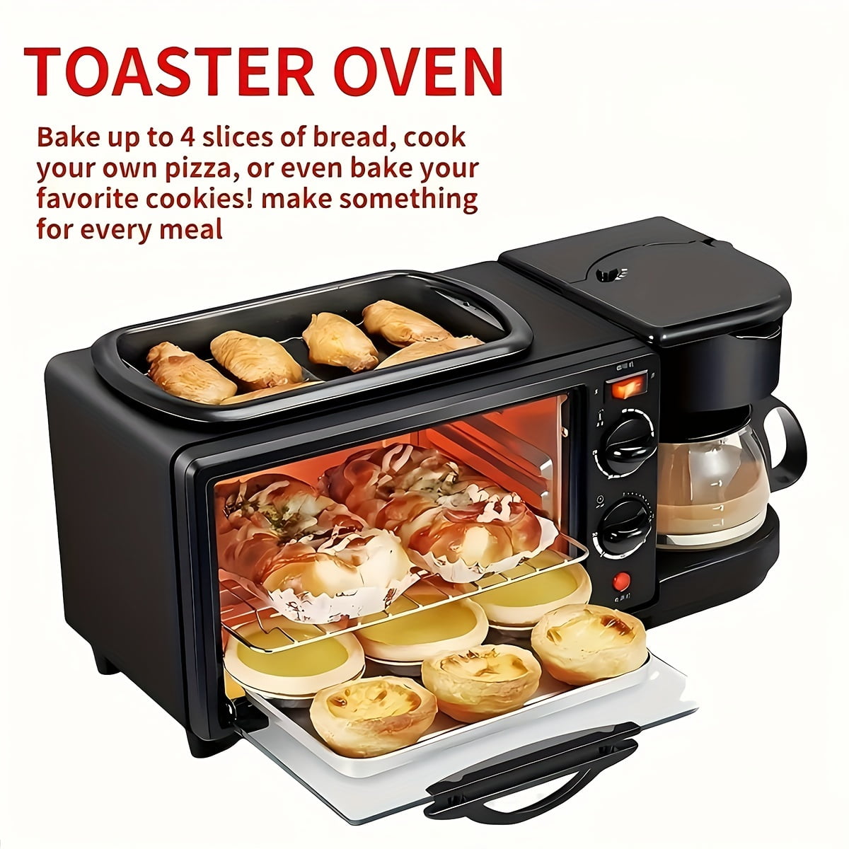 3-in-1 Breakfast Maker with Timer: Mini Toaster, Coffee Maker & Grill for Eggs, Sausage, Sandwiches & Pancakes, Multifunctional Electric Cooker