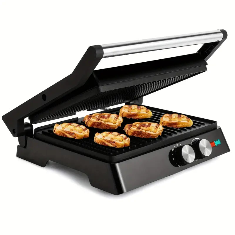 3-in-1 Electric Indoor Grill & Panini Press - 1400W Dual-Sided Non-Stick Grill with 180° Floating Hinge, Adjustable Temp (365°F-410°F), 60-Min Timer, Overheat/Quick Cook Modes & Grease Tray - Compact