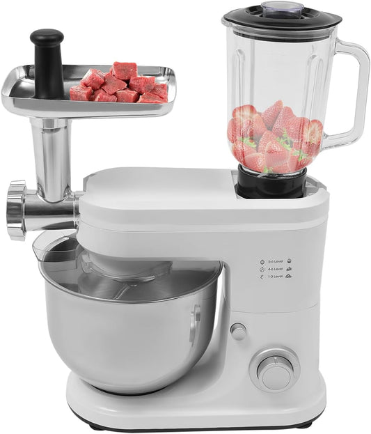 3-in-1 Multifunctional Stand Mixer, 700W Food Mixer Dough Mixer Meat Grinder, Juice Blender, Vegetable Slicer, Pasta and Cookie Maker, Electric Kitchen Mixer with Stainless Steel Bowl (White)