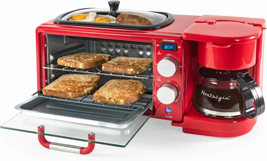 3-in-1 Retro Breakfast Station - Includes 5 Cup Coffee Maker, Non-Stick Ceramic Griddle, and 4-Slice Toaster Oven - Built-In Tim