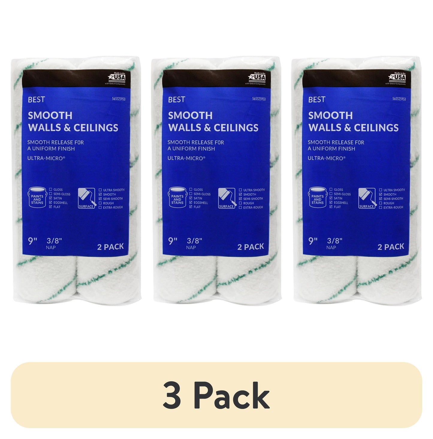 (3 pack) BEST 9" X 3/8" Ultra Microfiber Roller Covers 2pk