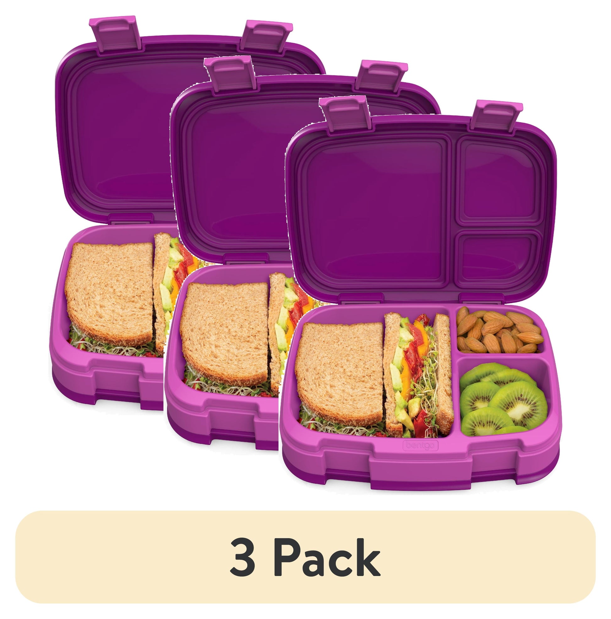 (3 pack) Bentgo Fresh â€“ Leak-Proof, Versatile 4-Compartment Bento-Style Lunch Box with Removable Divider, Portion-Controlled Meals for Teens and Adults On-The-Go â€“ BPA-Free, Food-Safe Materials (Purple)
