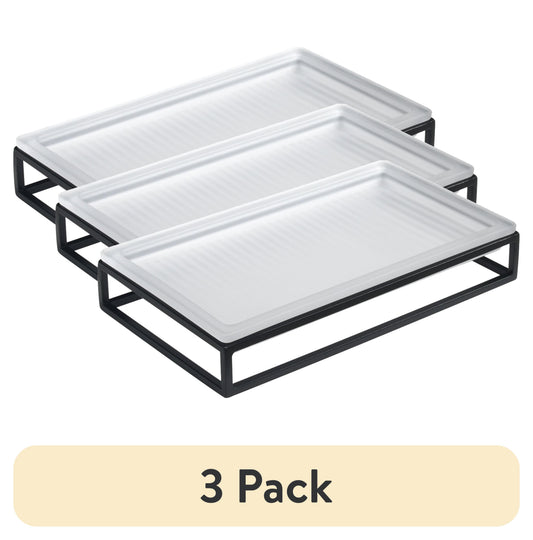(3 pack) Better Homes & Gardens Ribbed Glass and Metal Tray, White with Black Accents