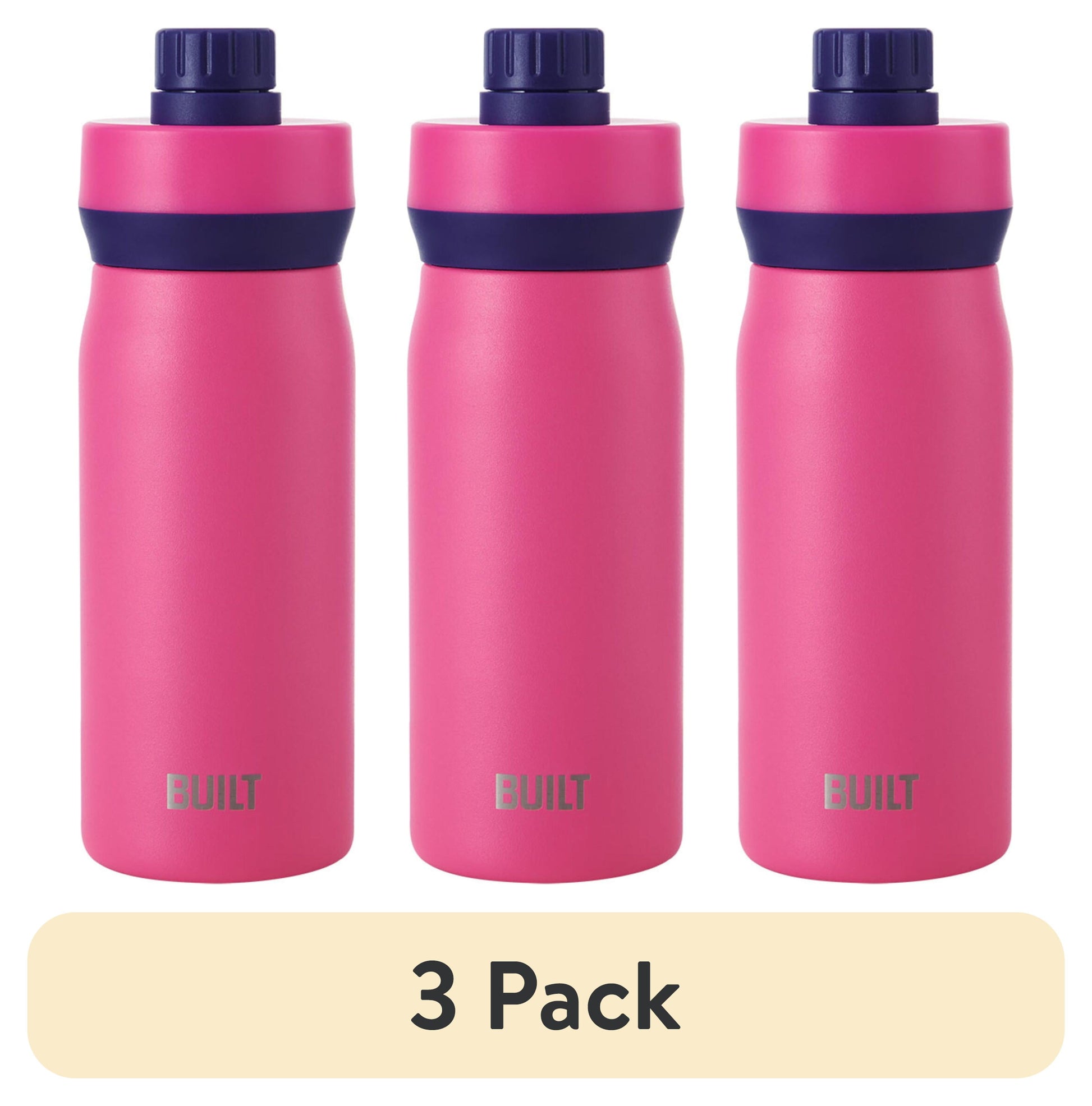 (3 pack) BUILT Cascade 16 oz Stainless Steel Kids Water Bottle with Leakproof Flip-Top Chug Lid, Dark Blue