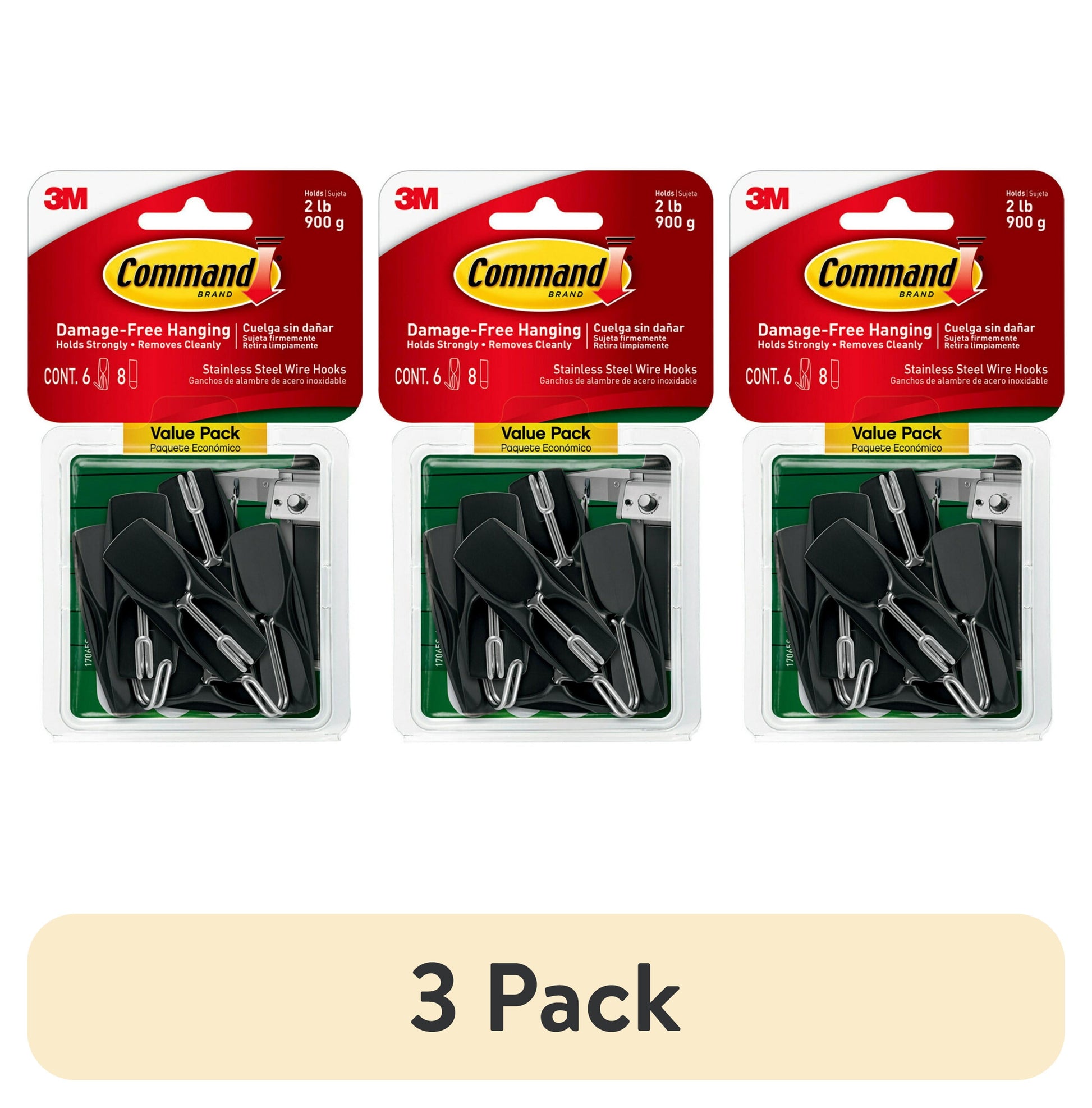 (3 pack) Command Outdoor Stainless Steel Wire Hooks Value Pack 17065S-6AWES, 6 hooks, 8 strips