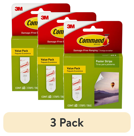 (3 pack) Command Poster Strips, White, Damage-Free Hanging Poster Hangers, 60 Command Strips