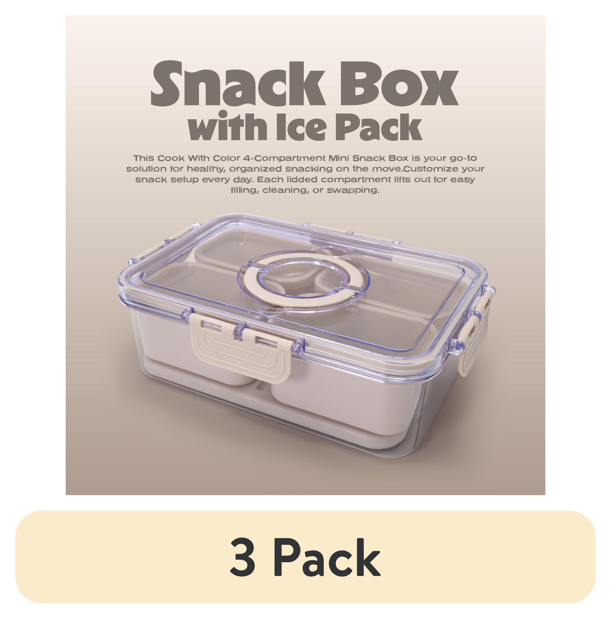 (3 pack) Cook with Color 4-Compartment Portable Snack Box Food Storage Container with Removable Ice Pack, Taupe