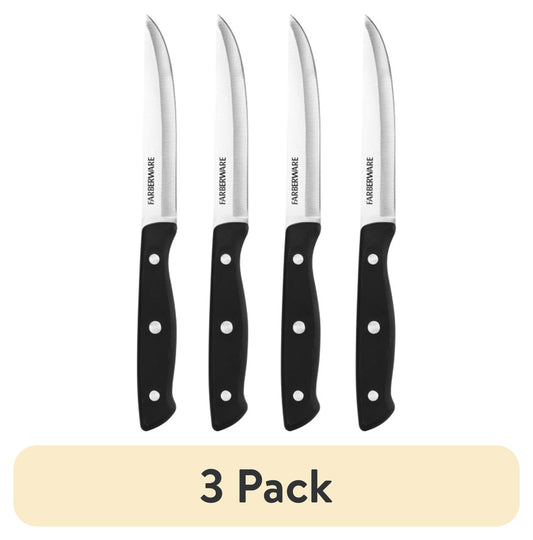 (3 pack) Farberware Classic 4-Piece Stainless Steel Steak Knife Set, Black Handles