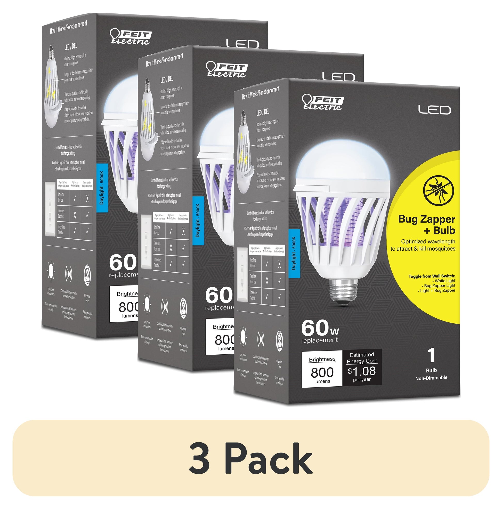(3 pack) Feit Electric LED 9W (60W Eq.) Daylight (5000K), Bug Zapper Bulb, Cylinder Shape, Medium E26 Base, Non-Dimmable