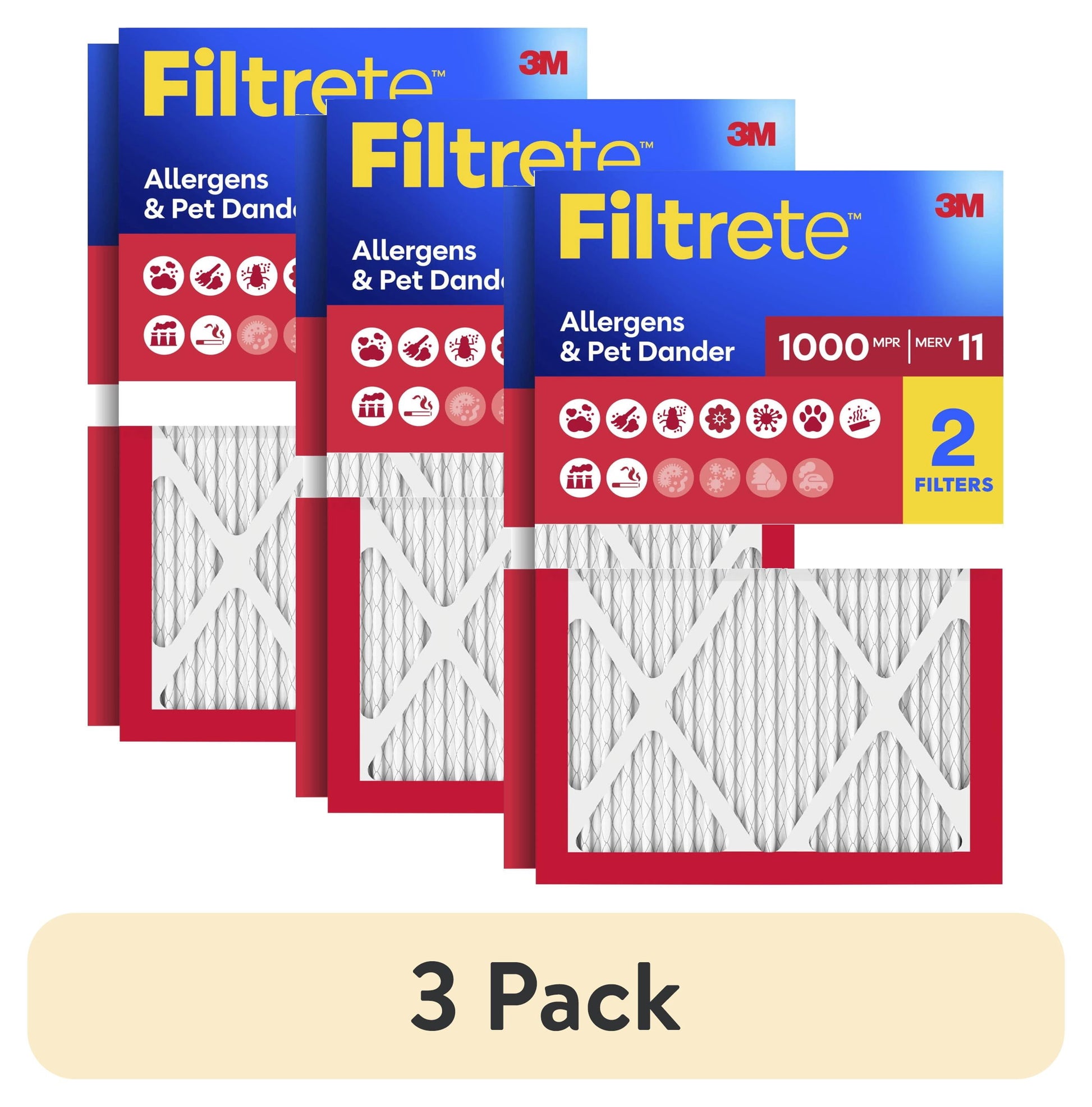 (3 pack) Filtrete 20x30x1 HVAC Furnace Air Filter, MPR 1000 MERV 11, Allergens & Pet Dander, 2 Pack