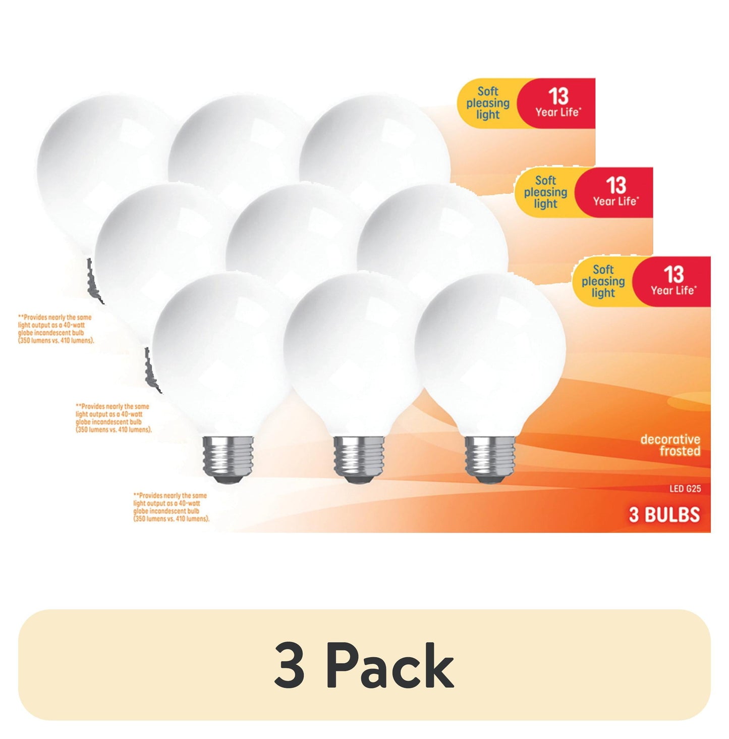 (3 pack) GE LED Light Bulbs, 40 Watts, Soft White, G25 Globe Bulbs, 13yr, 3pk