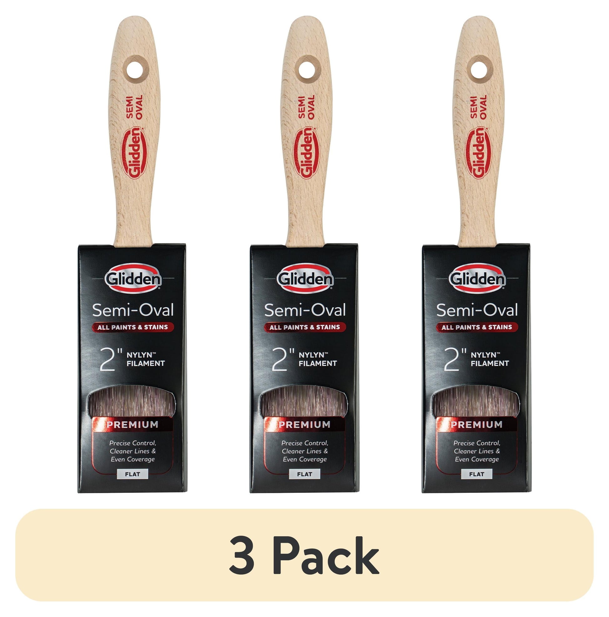 (3 pack) Glidden Semi-Oval Paint Brush with Wood Handle, Flat Sash, 2 Inch