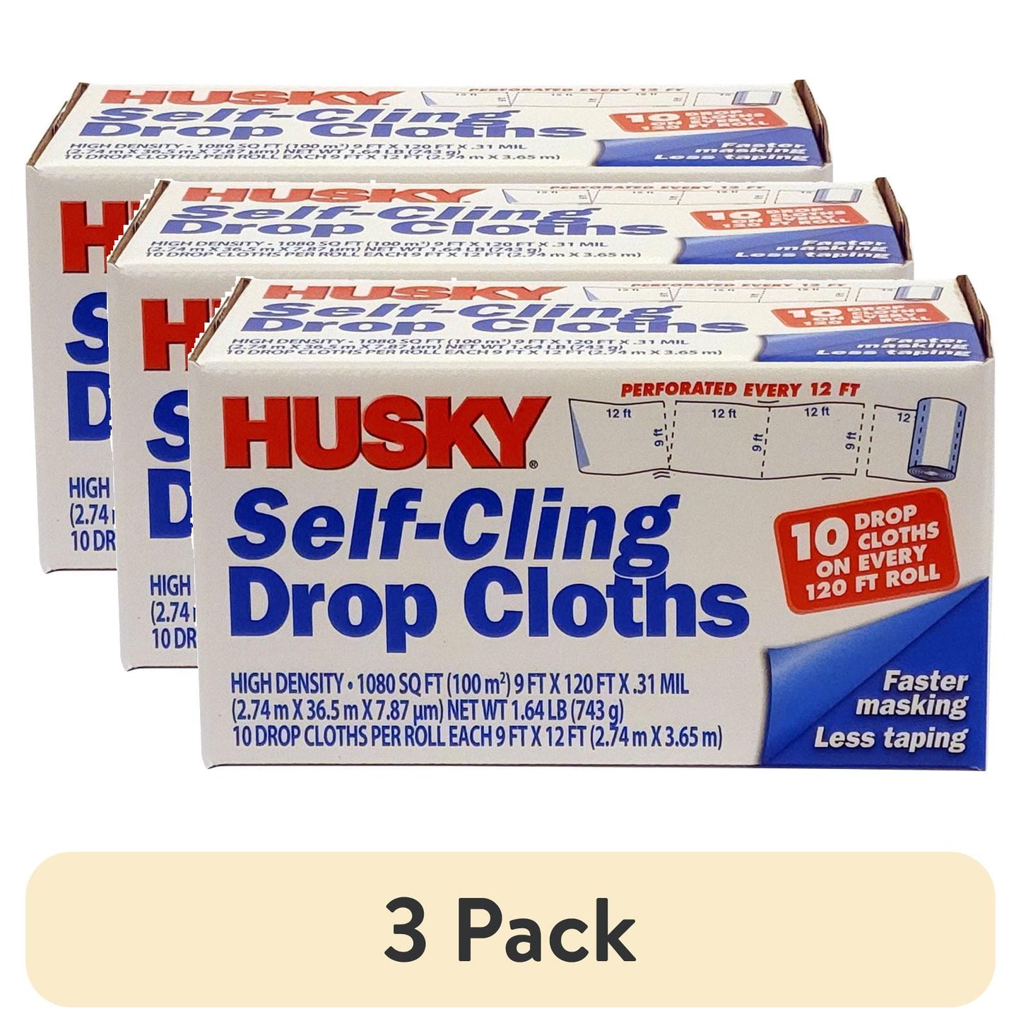 (3 pack) Husky 0.31 Mil High Density Clear Drop Cloth, 9 ft. x 120 ft.