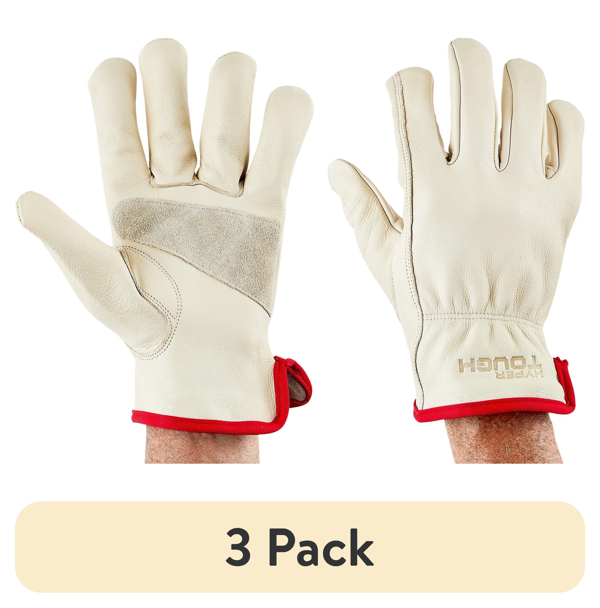 (3 pack) Hyper Tough Leather Work Gloves, Cowhide Leather, Beige, Large (HT1250L)