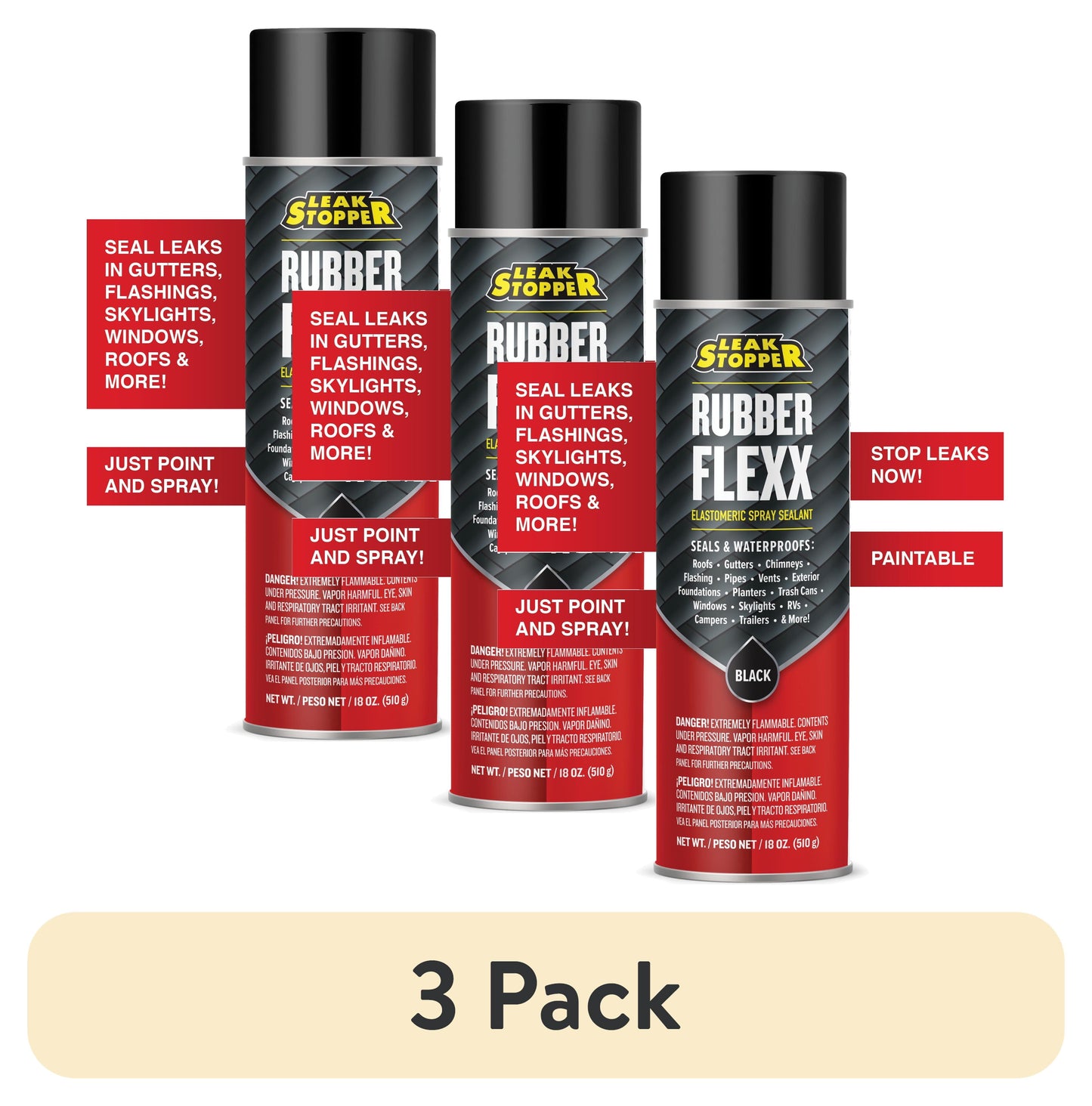 (3 pack) Black Jack Leak Stopper Rubber Flexx, 15 oz Waterproof Flexible Industrial Sealant, Black, 1 Piece