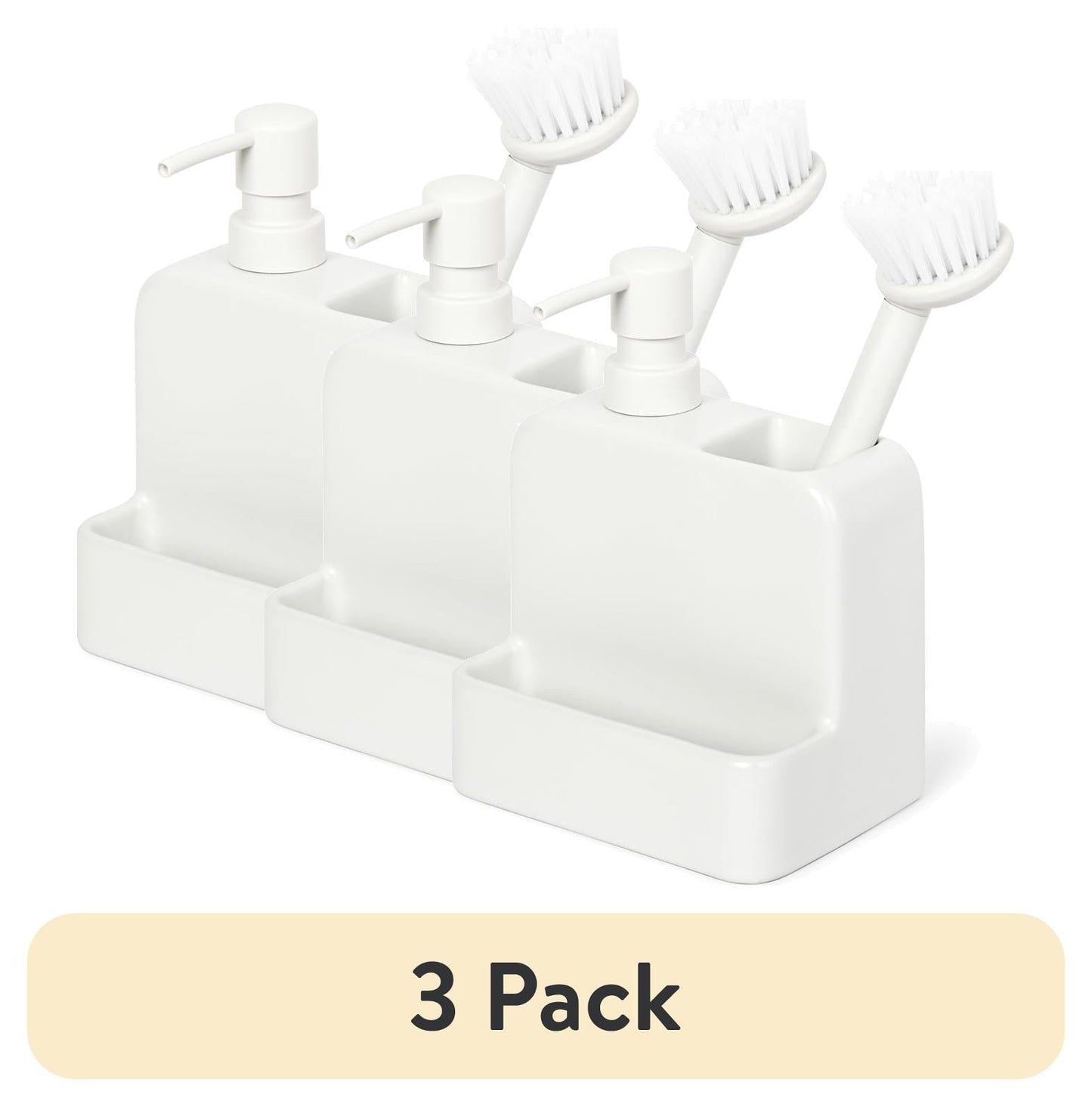 (3 pack) Mainstays Ceramic Liquid Soap Dispenser with Pump and Brush Holder, Kitchen Sink Dish Soap Dispenser Organizer for Sponge, Dish Brush and Cleaning Supplies, White