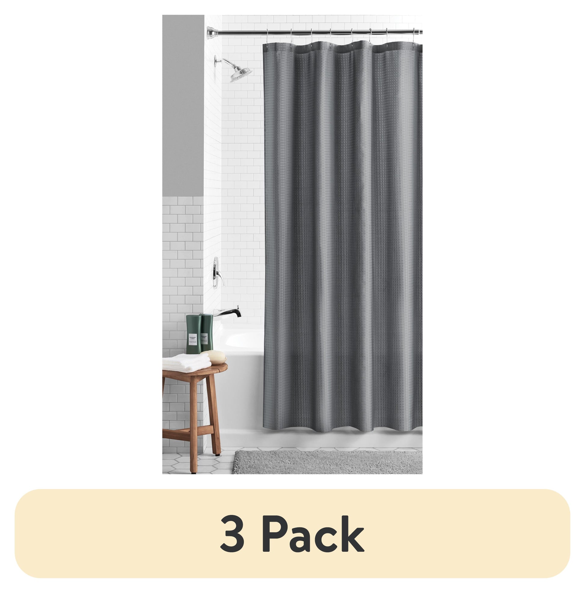 (3 pack) Mainstays Eco-Friendly Waffle-Weave Fabric Shower Curtain, with Recycled Polyester, 72â€ x 72â€, Gray
