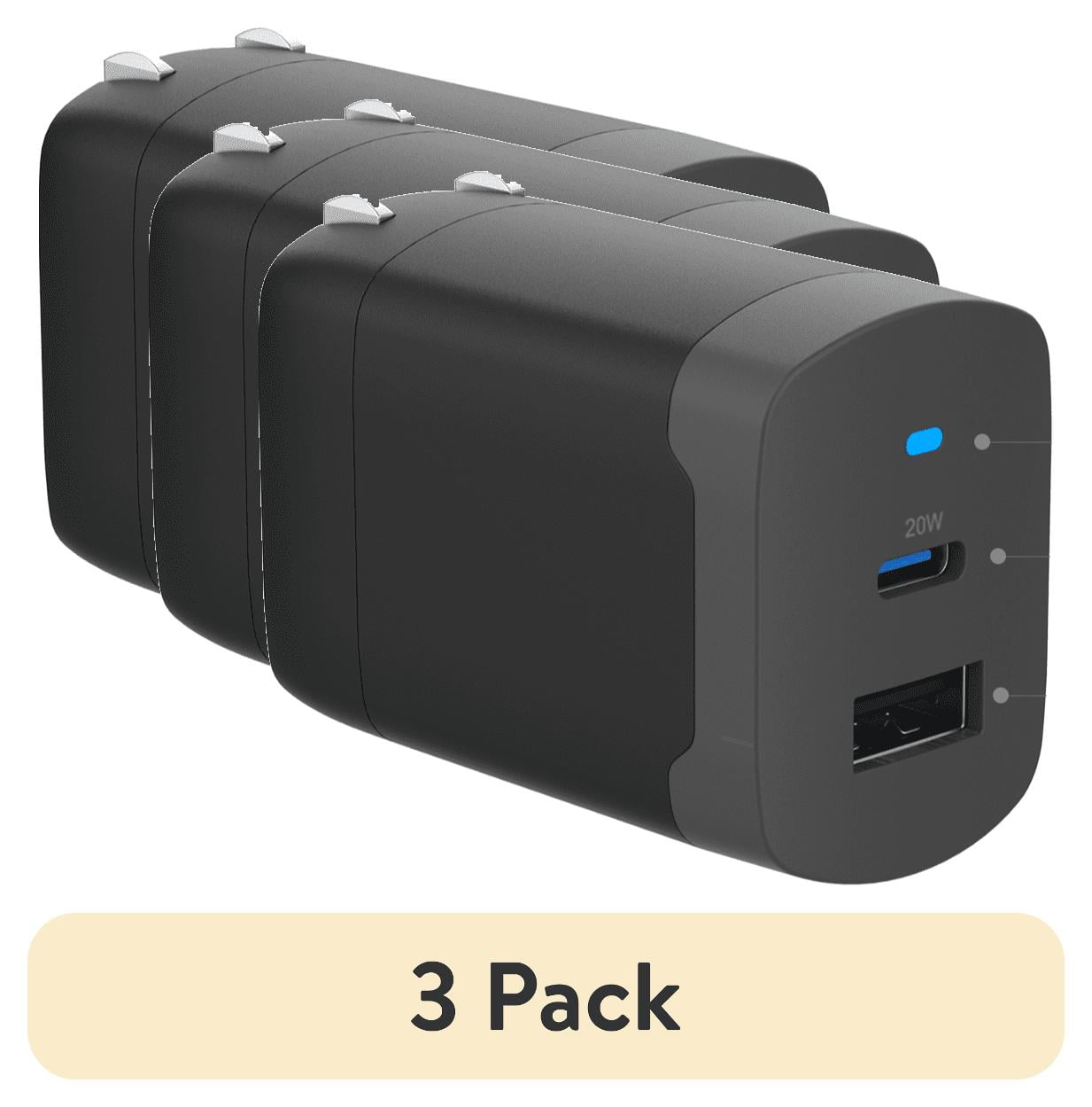 (3 pack) onn 32W Dual USB-C/USB-A Port Wall Charger, Fast Charging, USB IF Certified, Foldable Plug, Black