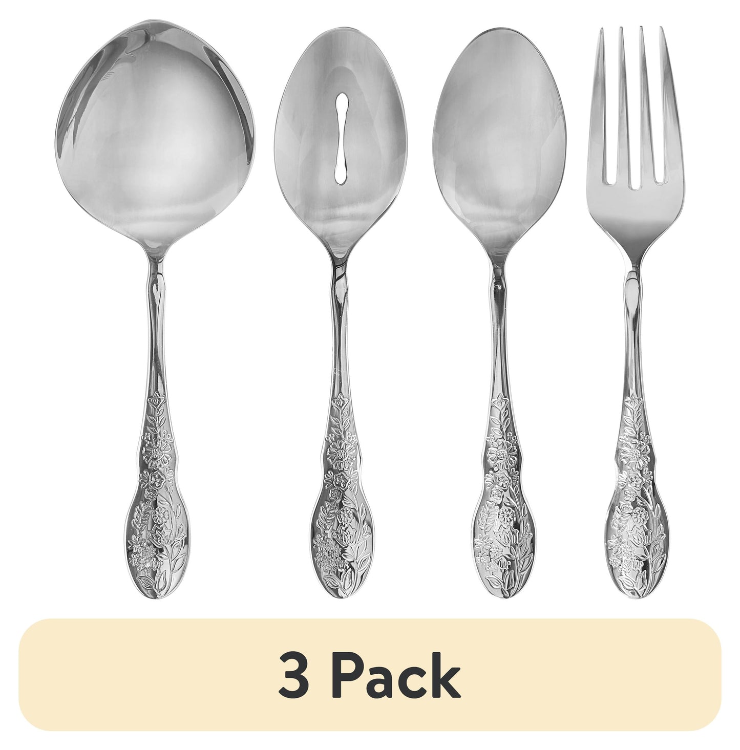 (3 pack) The Pioneer Woman Mazie 4-Piece Serve Utensils Set, Stainless Steel, Silver