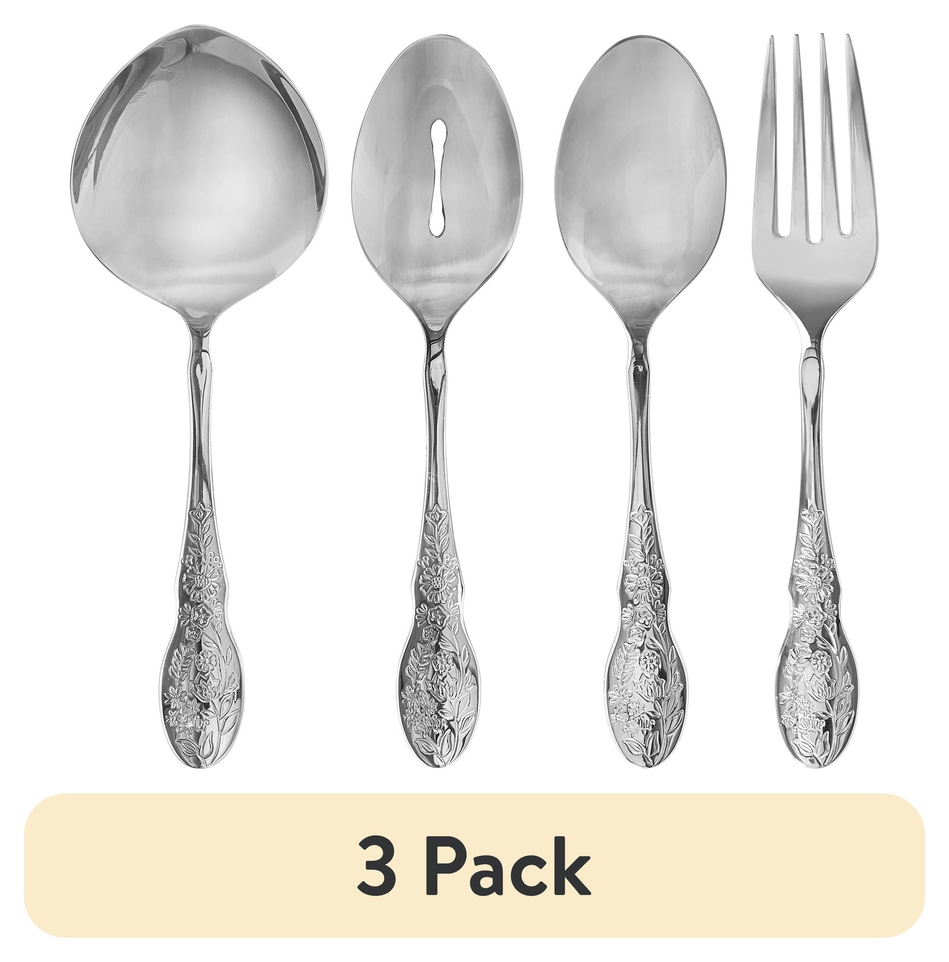 (3 pack) The Pioneer Woman Mazie 4-Piece Serve Utensils Set, Stainless Steel, Silver