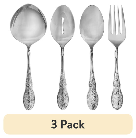 (3 pack) The Pioneer Woman Mazie 4-Piece Serve Utensils Set, Stainless Steel, Silver