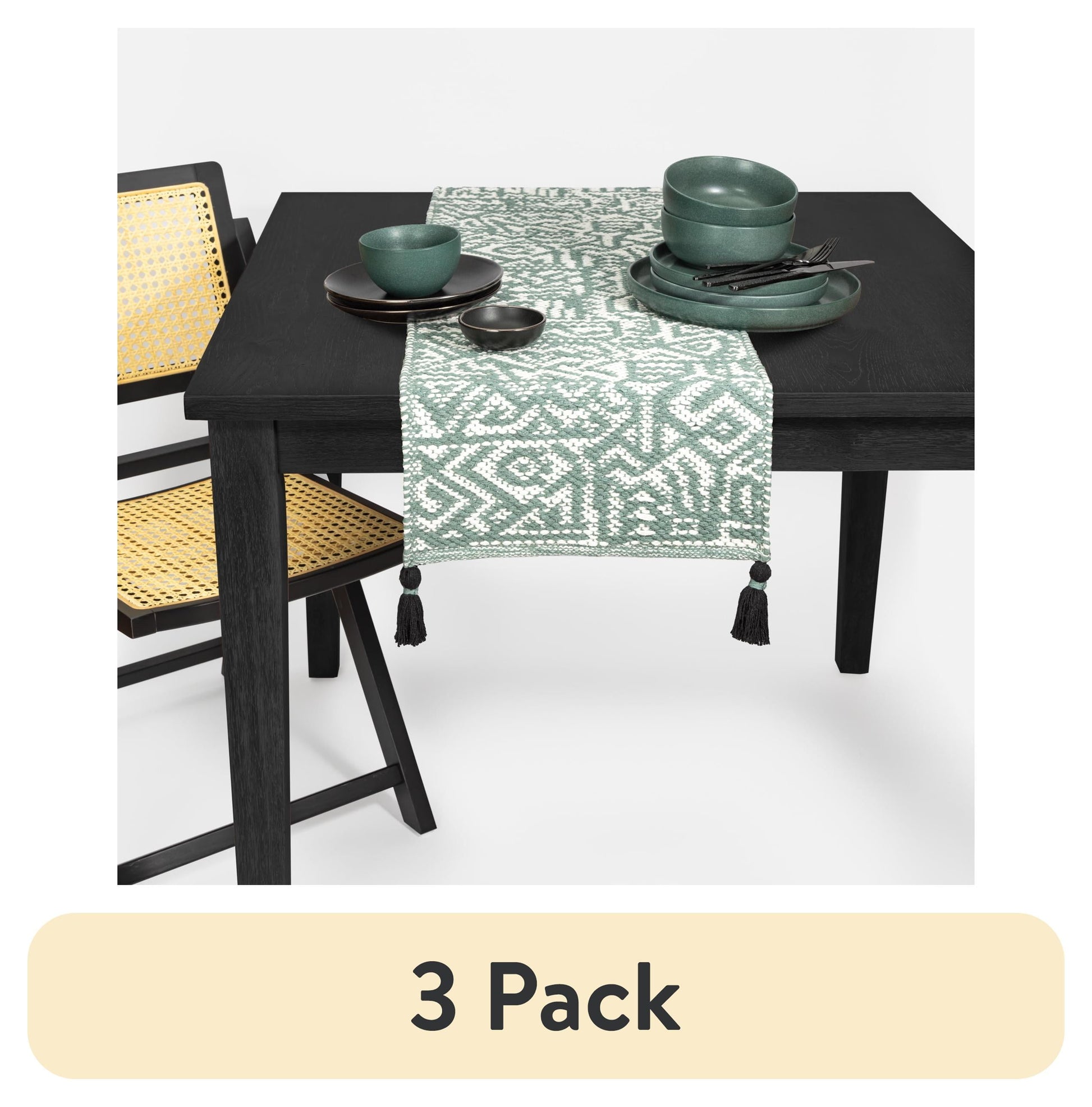(3 pack) Thyme & Table Table Runner, Green and White Geometric, 14 x 72"