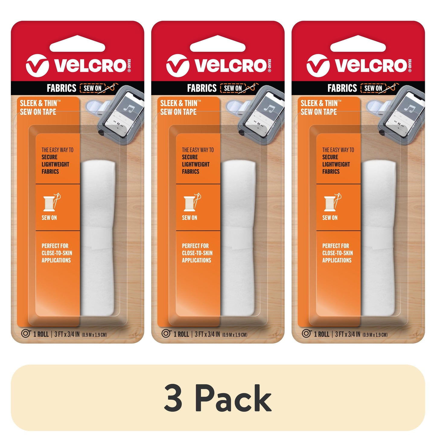 (Paquete de 3) VELCRO Marca SLEEK & THINâ„¢ - Cierre de Gancho y Bucle para Coser en Telas / Cinta de TamaÃ±o 3ft x 3/4in, Blanco / Suave en la Piel Ultraligera con TecnologÃ­a de Costura