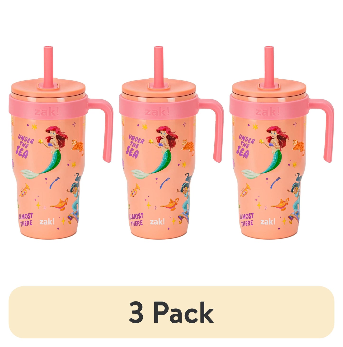 (3 pack) Zak Designs Princess Kids 18oz Insulated Stainless Steel Tumbler with Leak-Proof Straw and Handle