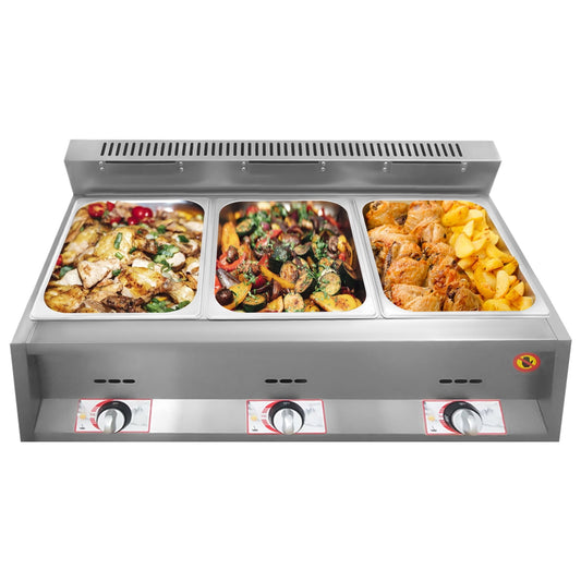 3-pan Food Heating Pot 430 Magnetic Stainless Steel Heating Pot Natural Gas/LPG Countertop Soup Warmer Cooking Heating Pot with Functional Lids Table Standing Mount Type