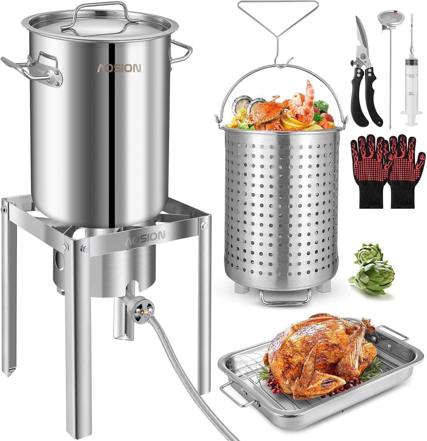 30QT Stainless Steel Turkey Fryer&Seafood Boil Pot with 55,000BTU Propane Burner for Outdoor Cooking of Turkey,Crab,Lobster and Shrimp