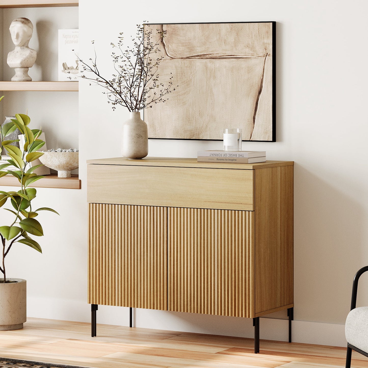 31.5" Reeded Accent Cabinet with 2 Doors and Drawer, Modern Credenza Storage Cabinet with Metal Legs for Living Room, Kitchen, Dining Room, Hallway