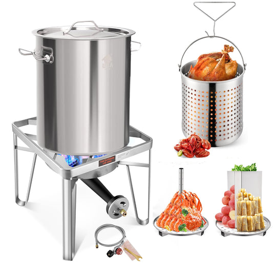 32QT Stainless Steel Pot with 200,000BTU Propane Fryer, Seafood Boil Pot, Crab Boil Pot, Lobster Pot, Shrimp Boil Pot, Tamale Steamer Pot with Basket and Turkey Fryer Burner
