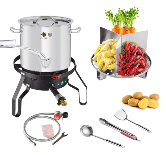 32QT Stainless Steel Steamer Pot with 100,000BTU Portable Propane Burner for Seafood Crab-Vegetable-Vaporeras para Tamale Steaming, w/Easy-fill Water Spout,Divider and Steamer Rack,Outdoor Cooking
