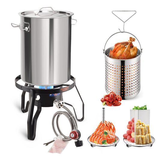 32QT Stock pot Seafood Boil Pot and Propane Stove Outdoor Cooker, Stainless Steel Crawfish Boil Pot with Basket and Steamer Rack, Burner for Outdoors Cooking and Steaming